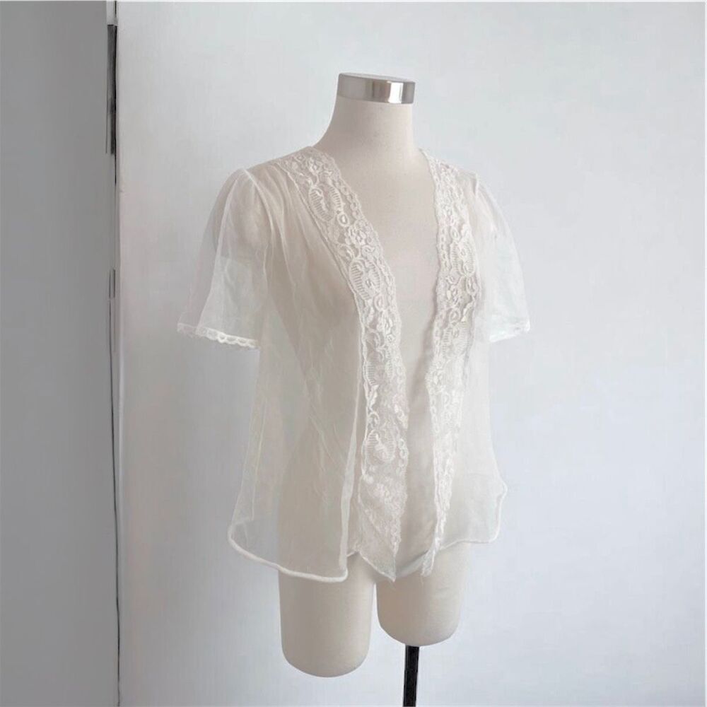 Vintage Fredrick’s Sheer White Cardigan Top Blouse Lingerie Lace Victorian Large